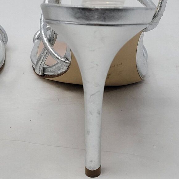 Nine West Metallic Silver Leather Formal Strappy Stiletto Heels 8 Glam NWMERICIA - Picture 11 of 14